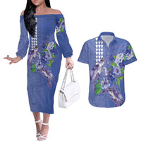 Hawaii Aloha Turtle Hibiscus and Leaves Couples Matching Off The Shoulder Long Sleeve Dress and Hawaiian Shirt with Polynesian and Kakau Tattoos Denim Color LT03 Blue - Polynesian Pride