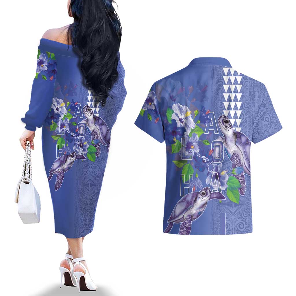 Hawaii Aloha Turtle Hibiscus and Leaves Couples Matching Off The Shoulder Long Sleeve Dress and Hawaiian Shirt with Polynesian and Kakau Tattoos Denim Color LT03 - Polynesian Pride