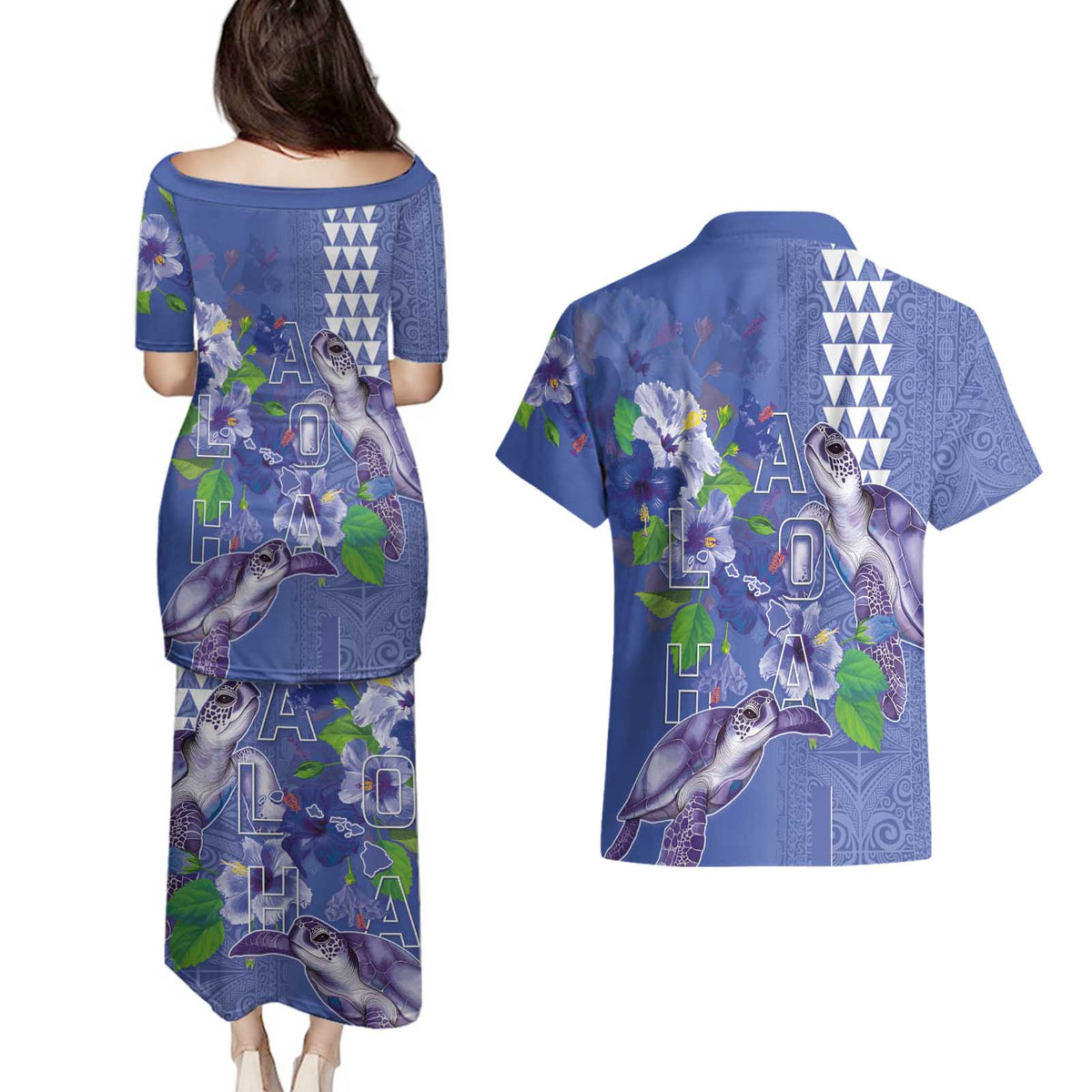 Hawaii Aloha Turtle Hibiscus and Leaves Couples Matching Puletasi and Hawaiian Shirt with Polynesian and Kakau Tattoos Denim Color LT03 - Polynesian Pride