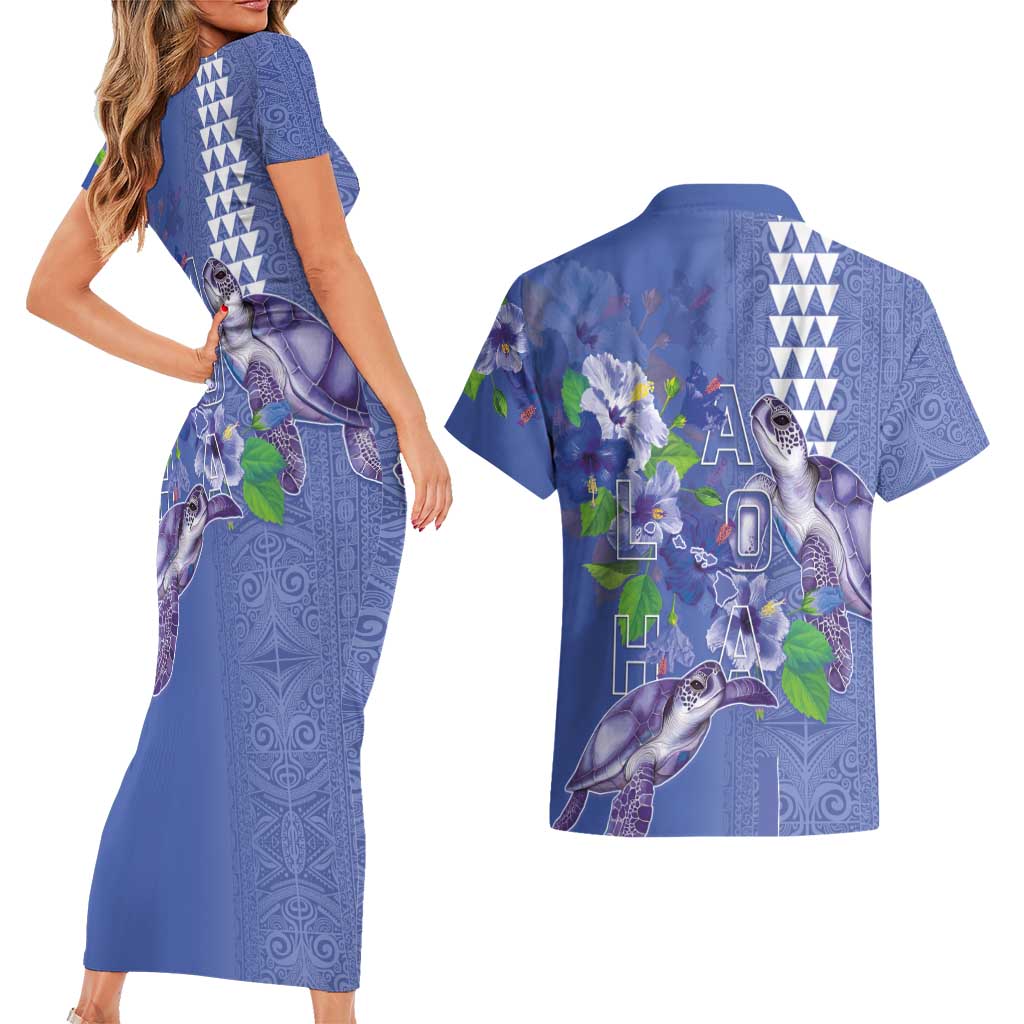 Hawaii Aloha Turtle Hibiscus and Leaves Couples Matching Short Sleeve Bodycon Dress and Hawaiian Shirt with Polynesian and Kakau Tattoos Denim Color LT03 - Polynesian Pride