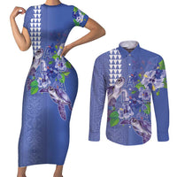 Hawaii Aloha Turtle Hibiscus and Leaves Couples Matching Short Sleeve Bodycon Dress and Long Sleeve Button Shirt with Polynesian and Kakau Tattoos Denim Color LT03 Blue - Polynesian Pride