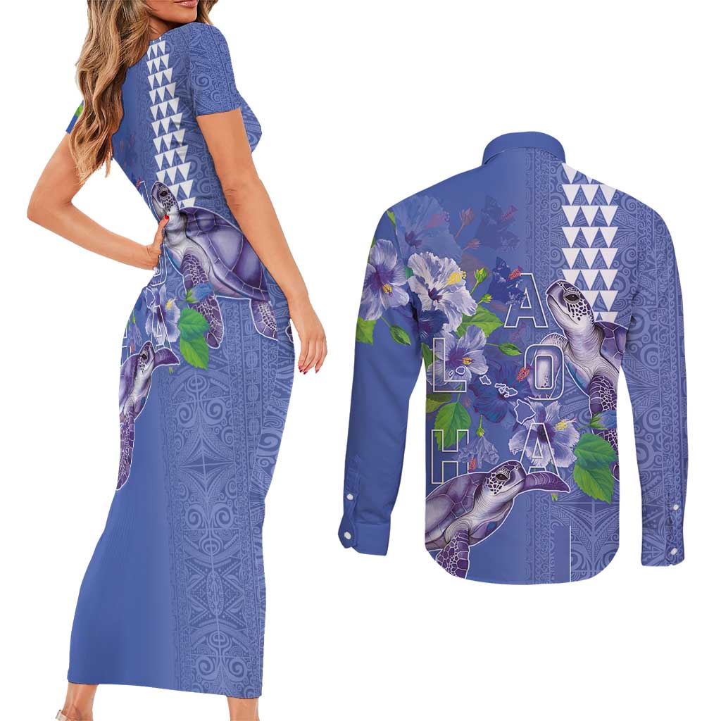 Hawaii Aloha Turtle Hibiscus and Leaves Couples Matching Short Sleeve Bodycon Dress and Long Sleeve Button Shirt with Polynesian and Kakau Tattoos Denim Color LT03 - Polynesian Pride