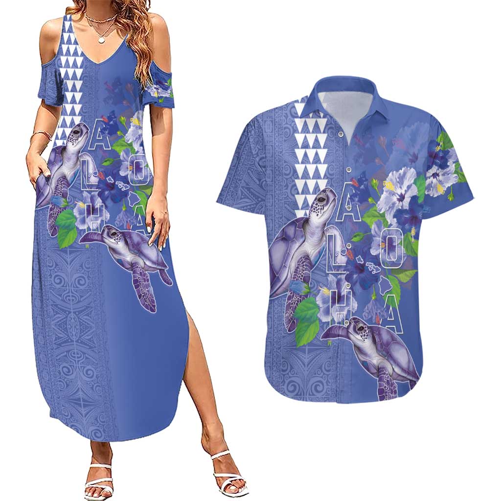Hawaii Aloha Turtle Hibiscus and Leaves Couples Matching Summer Maxi Dress and Hawaiian Shirt with Polynesian and Kakau Tattoos Denim Color LT03 Blue - Polynesian Pride