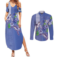Hawaii Aloha Turtle Hibiscus and Leaves Couples Matching Summer Maxi Dress and Long Sleeve Button Shirt with Polynesian and Kakau Tattoos Denim Color LT03 Blue - Polynesian Pride