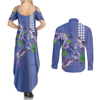 Hawaii Aloha Turtle Hibiscus and Leaves Couples Matching Summer Maxi Dress and Long Sleeve Button Shirt with Polynesian and Kakau Tattoos Denim Color LT03 - Polynesian Pride