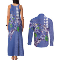 Hawaii Aloha Turtle Hibiscus and Leaves Couples Matching Tank Maxi Dress and Long Sleeve Button Shirt with Polynesian and Kakau Tattoos Denim Color LT03 - Polynesian Pride