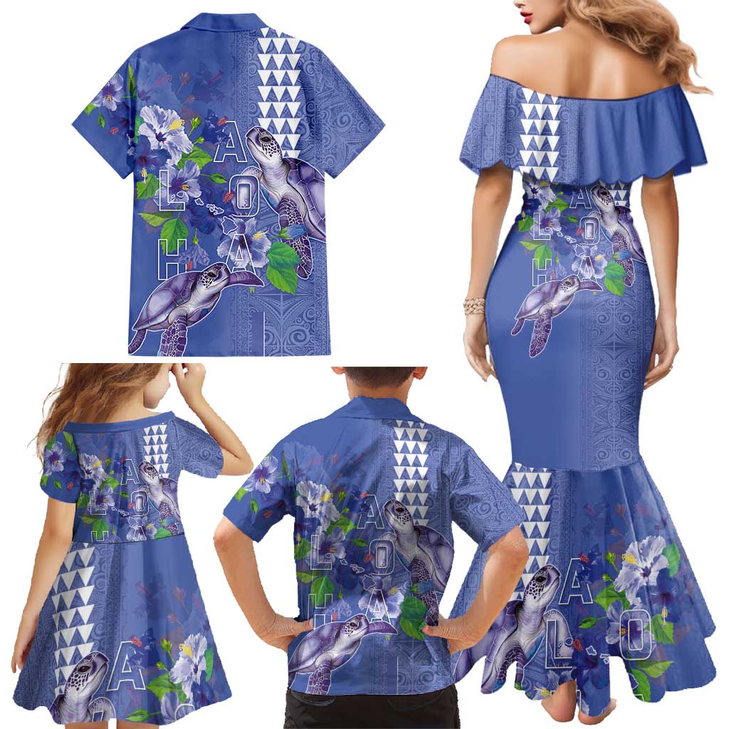 Hawaii Aloha Turtle Hibiscus and Leaves Family Matching Mermaid Dress and Hawaiian Shirt with Polynesian and Kakau Tattoos Denim Color LT03 - Polynesian Pride