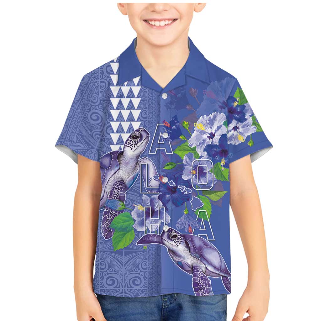 Hawaii Aloha Turtle Hibiscus and Leaves Family Matching Mermaid Dress and Hawaiian Shirt with Polynesian and Kakau Tattoos Denim Color LT03 Son's Shirt Blue - Polynesian Pride