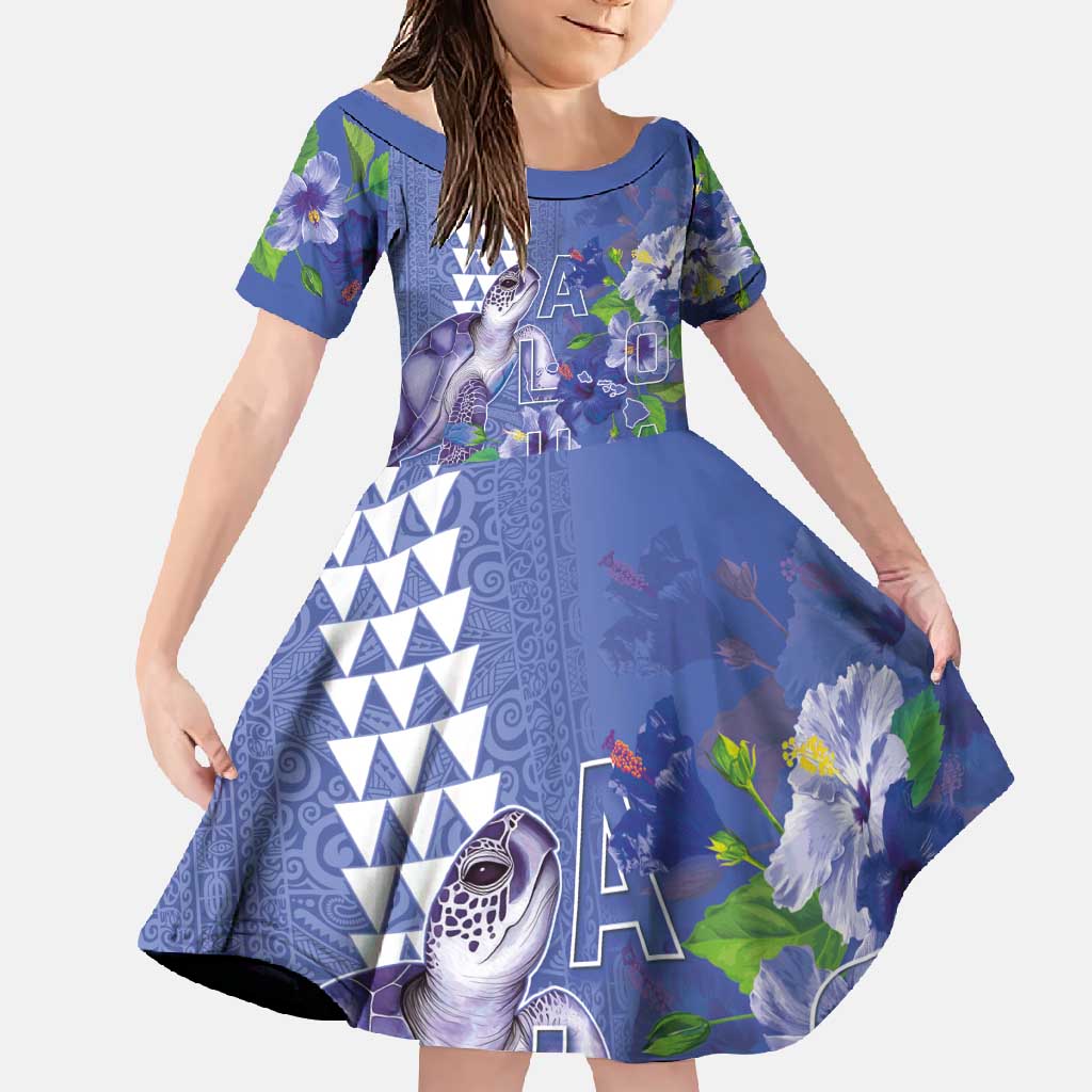 Hawaii Aloha Turtle Hibiscus and Leaves Family Matching Off Shoulder Maxi Dress and Hawaiian Shirt with Polynesian and Kakau Tattoos Denim Color LT03 Daughter's Dress Blue - Polynesian Pride