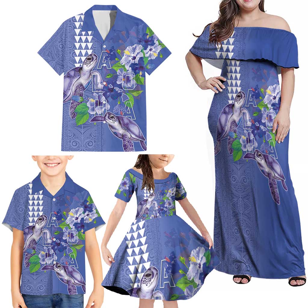 Hawaii Aloha Turtle Hibiscus and Leaves Family Matching Off Shoulder Maxi Dress and Hawaiian Shirt with Polynesian and Kakau Tattoos Denim Color LT03 - Polynesian Pride