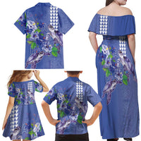 Hawaii Aloha Turtle Hibiscus and Leaves Family Matching Off Shoulder Maxi Dress and Hawaiian Shirt with Polynesian and Kakau Tattoos Denim Color LT03 - Polynesian Pride