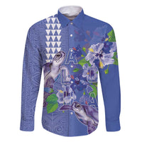 Hawaii Aloha Turtle Hibiscus and Leaves Family Matching Off Shoulder Maxi Dress and Hawaiian Shirt with Polynesian and Kakau Tattoos Denim Color LT03 Dad's Shirt - Long Sleeve Blue - Polynesian Pride