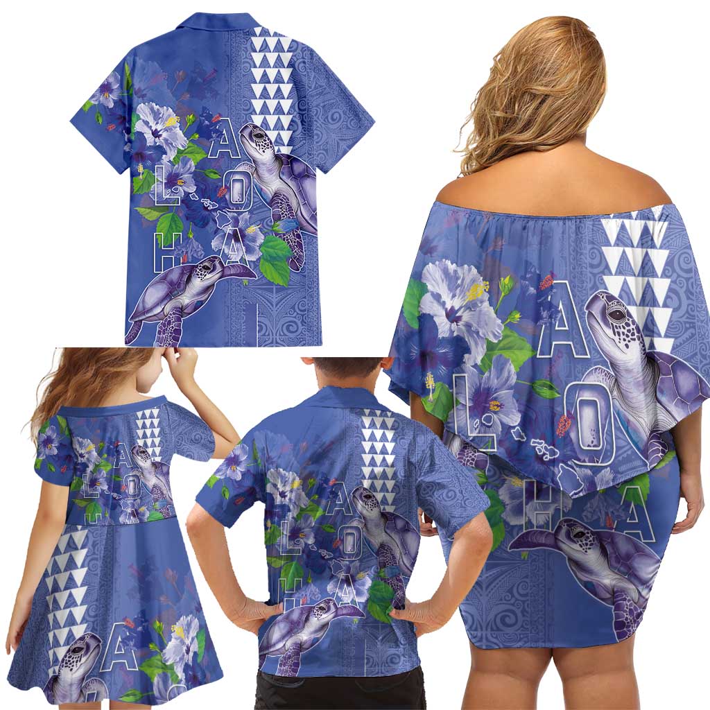 Hawaii Aloha Turtle Hibiscus and Leaves Family Matching Off Shoulder Short Dress and Hawaiian Shirt with Polynesian and Kakau Tattoos Denim Color LT03 - Polynesian Pride