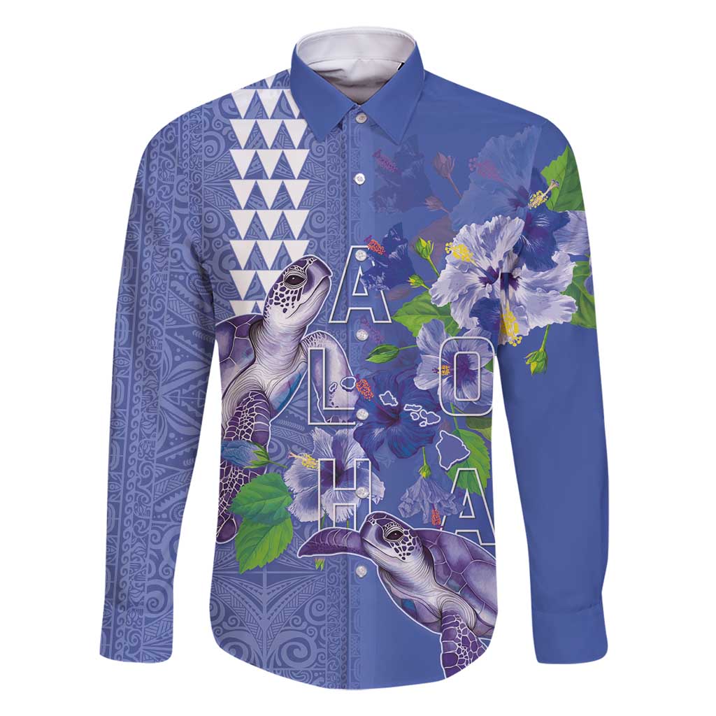 Hawaii Aloha Turtle Hibiscus and Leaves Family Matching Off Shoulder Short Dress and Hawaiian Shirt with Polynesian and Kakau Tattoos Denim Color LT03 Dad's Shirt - Long Sleeve Blue - Polynesian Pride