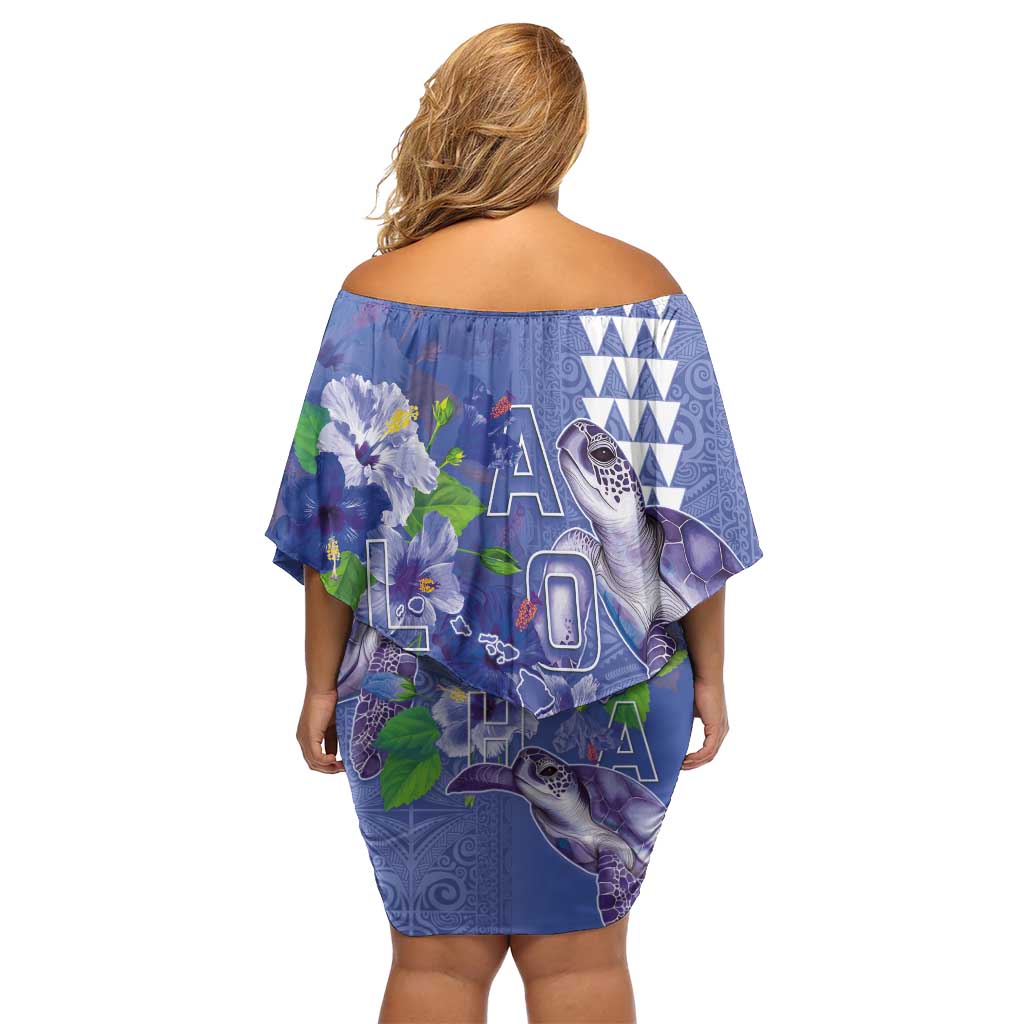 Hawaii Aloha Turtle Hibiscus and Leaves Family Matching Off Shoulder Short Dress and Hawaiian Shirt with Polynesian and Kakau Tattoos Denim Color LT03 - Polynesian Pride