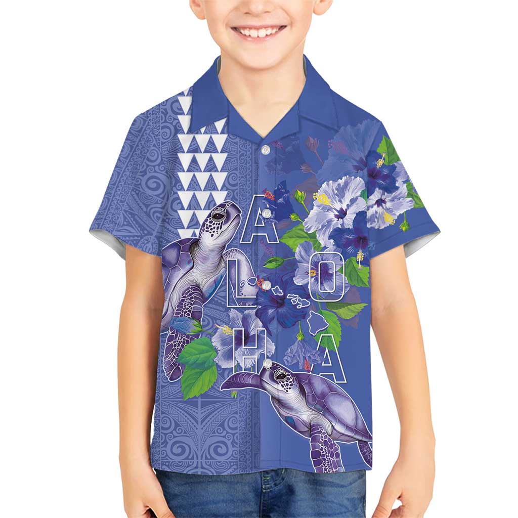 Hawaii Aloha Turtle Hibiscus and Leaves Family Matching Off Shoulder Short Dress and Hawaiian Shirt with Polynesian and Kakau Tattoos Denim Color LT03 Son's Shirt Blue - Polynesian Pride