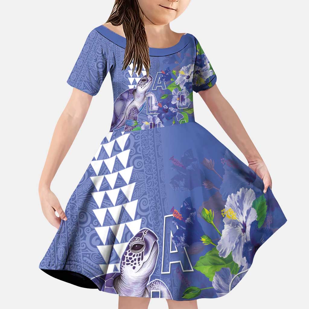 Hawaii Aloha Turtle Hibiscus and Leaves Family Matching Puletasi and Hawaiian Shirt with Polynesian and Kakau Tattoos Denim Color LT03 Daughter's Dress Blue - Polynesian Pride