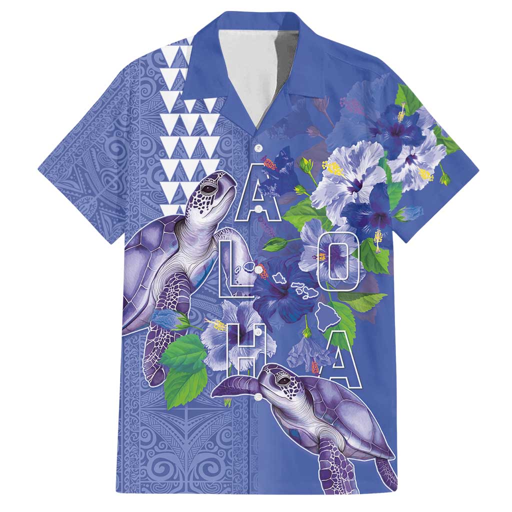 Hawaii Aloha Turtle Hibiscus and Leaves Family Matching Puletasi and Hawaiian Shirt with Polynesian and Kakau Tattoos Denim Color LT03 Dad's Shirt - Short Sleeve Blue - Polynesian Pride