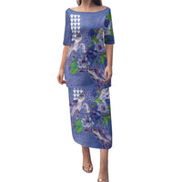 Hawaii Aloha Turtle Hibiscus and Leaves Family Matching Puletasi and Hawaiian Shirt with Polynesian and Kakau Tattoos Denim Color LT03 Mom's Dress Blue - Polynesian Pride