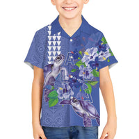 Hawaii Aloha Turtle Hibiscus and Leaves Family Matching Puletasi and Hawaiian Shirt with Polynesian and Kakau Tattoos Denim Color LT03 Son's Shirt Blue - Polynesian Pride