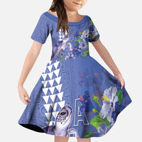 Hawaii Aloha Turtle Hibiscus and Leaves Family Matching Short Sleeve Bodycon Dress and Hawaiian Shirt with Polynesian and Kakau Tattoos Denim Color LT03 Daughter's Dress Blue - Polynesian Pride