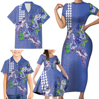 Hawaii Aloha Turtle Hibiscus and Leaves Family Matching Short Sleeve Bodycon Dress and Hawaiian Shirt with Polynesian and Kakau Tattoos Denim Color LT03 - Polynesian Pride