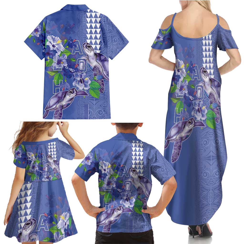 Hawaii Aloha Turtle Hibiscus and Leaves Family Matching Summer Maxi Dress and Hawaiian Shirt with Polynesian and Kakau Tattoos Denim Color LT03 - Polynesian Pride