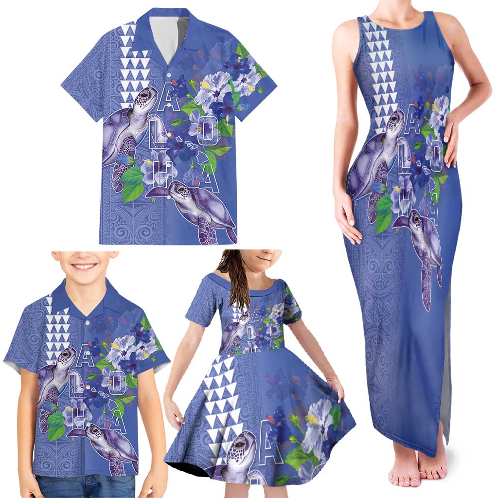 Hawaii Aloha Turtle Hibiscus and Leaves Family Matching Tank Maxi Dress and Hawaiian Shirt with Polynesian and Kakau Tattoos Denim Color LT03 - Polynesian Pride