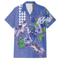 Hawaii Aloha Turtle Hibiscus and Leaves Family Matching Tank Maxi Dress and Hawaiian Shirt with Polynesian and Kakau Tattoos Denim Color LT03 Dad's Shirt - Short Sleeve Blue - Polynesian Pride
