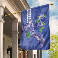 Hawaii Aloha Turtle Hibiscus and Leaves Garden Flag with Polynesian and Kakau Tattoos Denim Color - Polynesian Pride