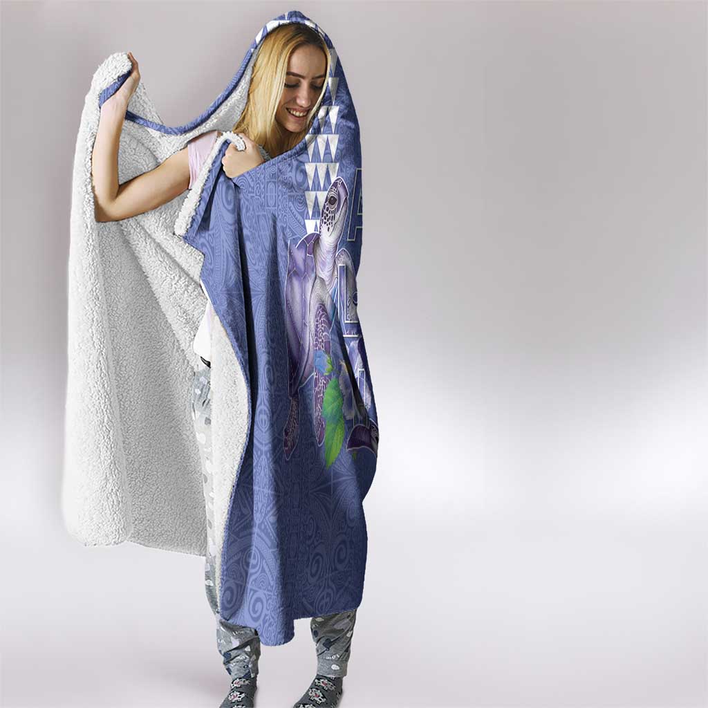 Hawaii Aloha Turtle Hibiscus and Leaves Hooded Blanket with Polynesian and Kakau Tattoos Denim Color - Polynesian Pride