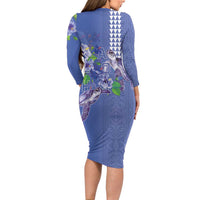 Hawaii Aloha Turtle Hibiscus and Leaves Long Sleeve Bodycon Dress with Polynesian and Kakau Tattoos Denim Color LT03 - Polynesian Pride