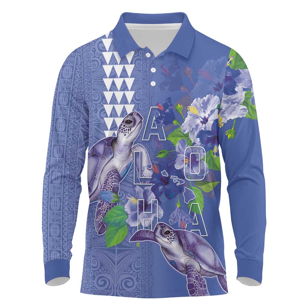 Hawaii Aloha Turtle Hibiscus and Leaves Long Sleeve Polo Shirt with Polynesian and Kakau Tattoos Denim Color - Polynesian Pride