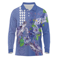 Hawaii Aloha Turtle Hibiscus and Leaves Long Sleeve Polo Shirt with Polynesian and Kakau Tattoos Denim Color - Polynesian Pride