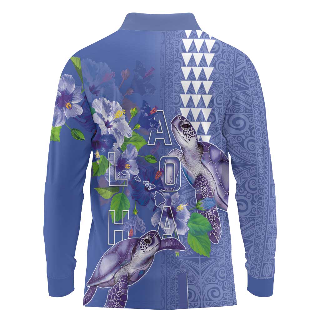 Hawaii Aloha Turtle Hibiscus and Leaves Long Sleeve Polo Shirt with Polynesian and Kakau Tattoos Denim Color - Polynesian Pride