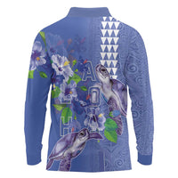 Hawaii Aloha Turtle Hibiscus and Leaves Long Sleeve Polo Shirt with Polynesian and Kakau Tattoos Denim Color - Polynesian Pride