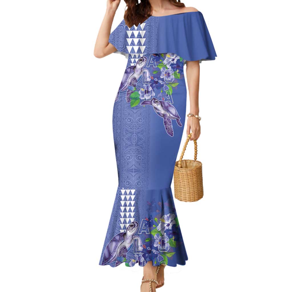 Hawaii Aloha Turtle Hibiscus and Leaves Mermaid Dress with Polynesian and Kakau Tattoos Denim Color - Polynesian Pride