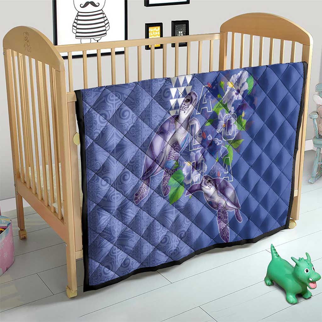 Hawaii Aloha Turtle Hibiscus and Leaves Quilt with Polynesian and Kakau Tattoos Denim Color - Polynesian Pride