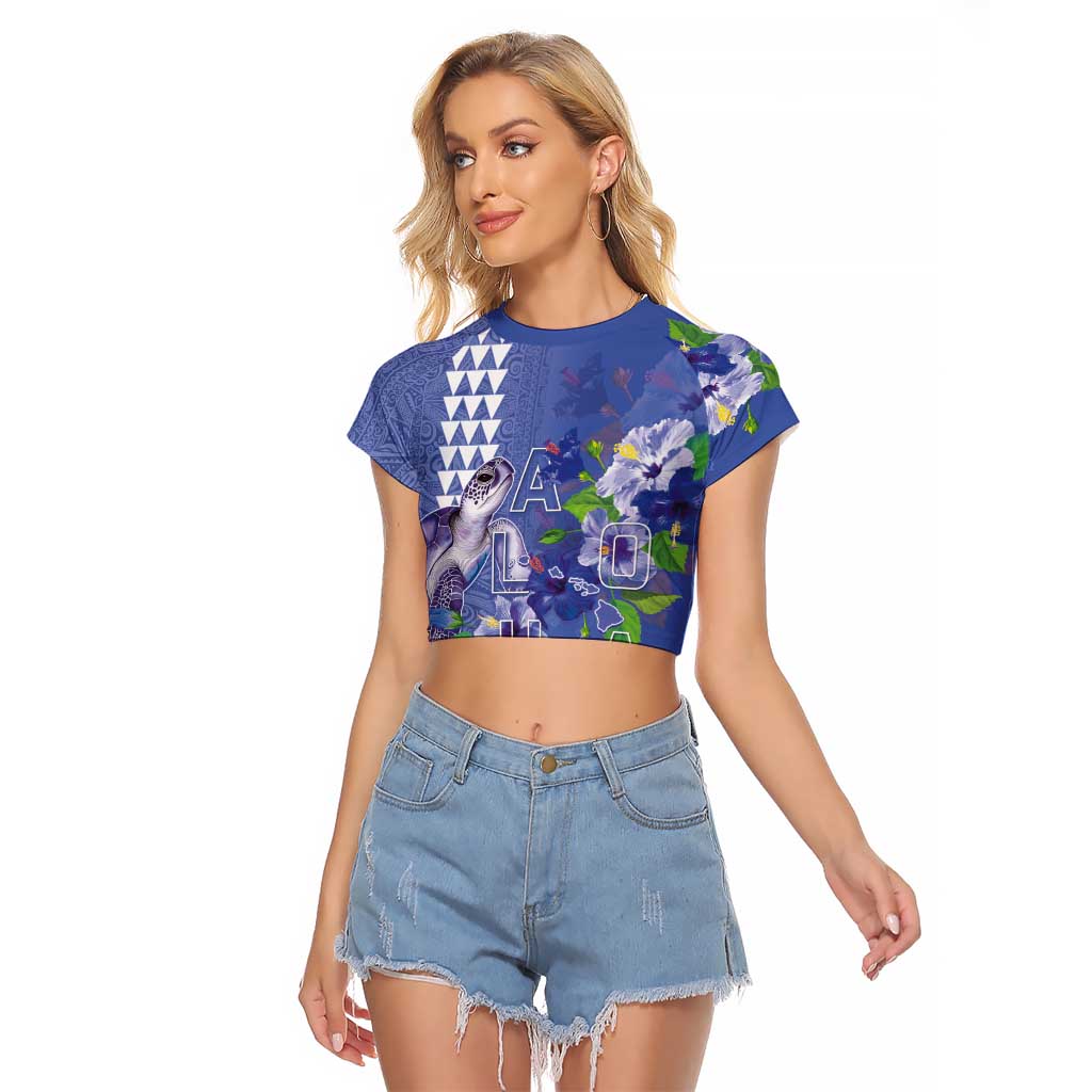 Hawaii Aloha Turtle Hibiscus and Leaves Raglan Cropped T Shirt with Polynesian and Kakau Tattoos Denim Color - Polynesian Pride