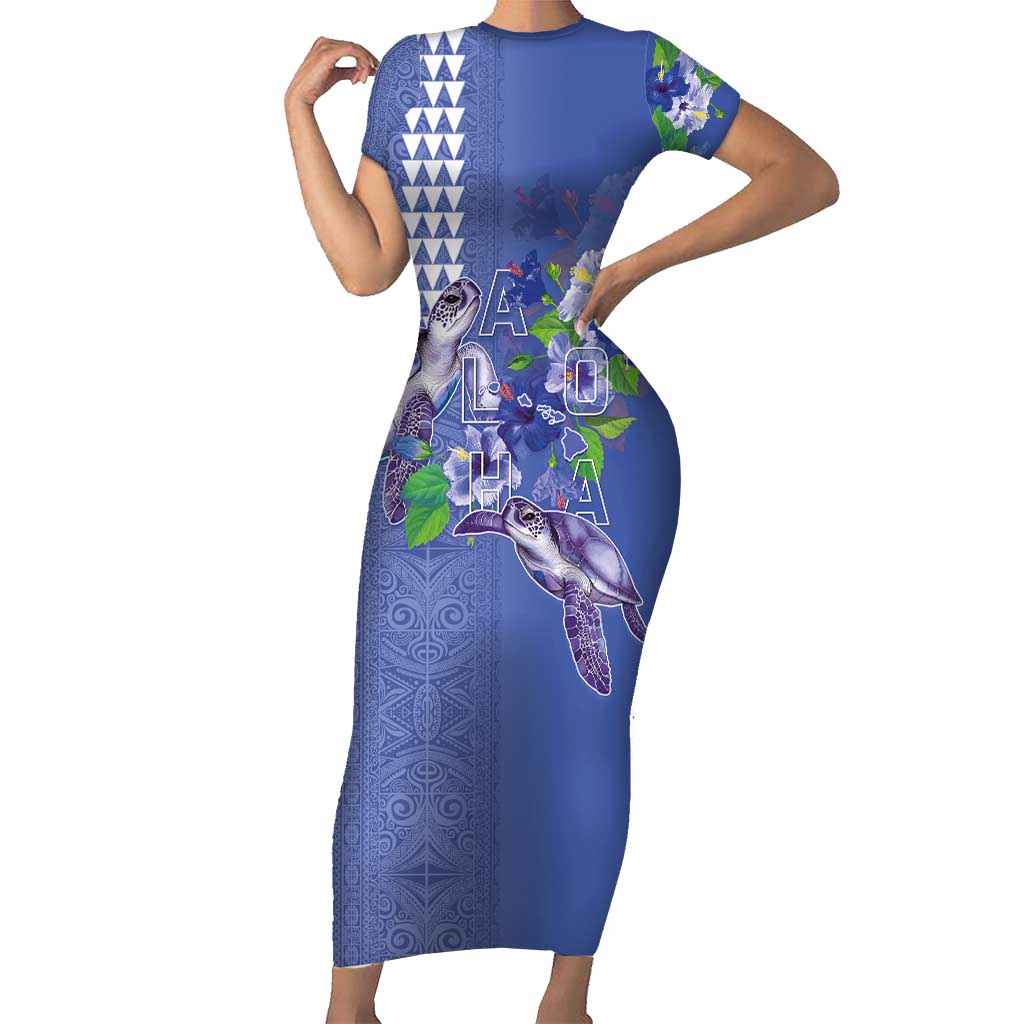 Hawaii Aloha Turtle Hibiscus and Leaves Short Sleeve Bodycon Dress with Polynesian and Kakau Tattoos Denim Color LT03 Long Dress Blue - Polynesian Pride
