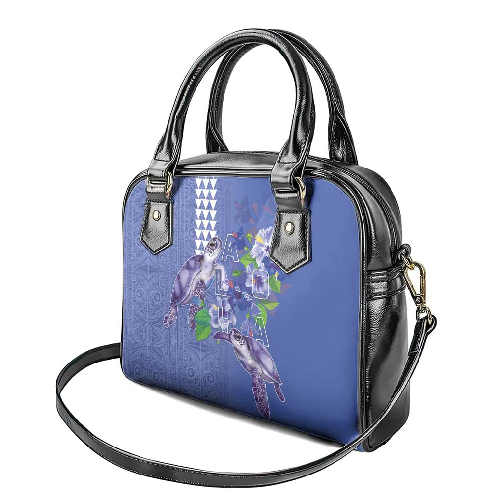 Hawaii Aloha Turtle Hibiscus and Leaves Shoulder Handbag with Polynesian and Kakau Tattoos Denim Color - Polynesian Pride
