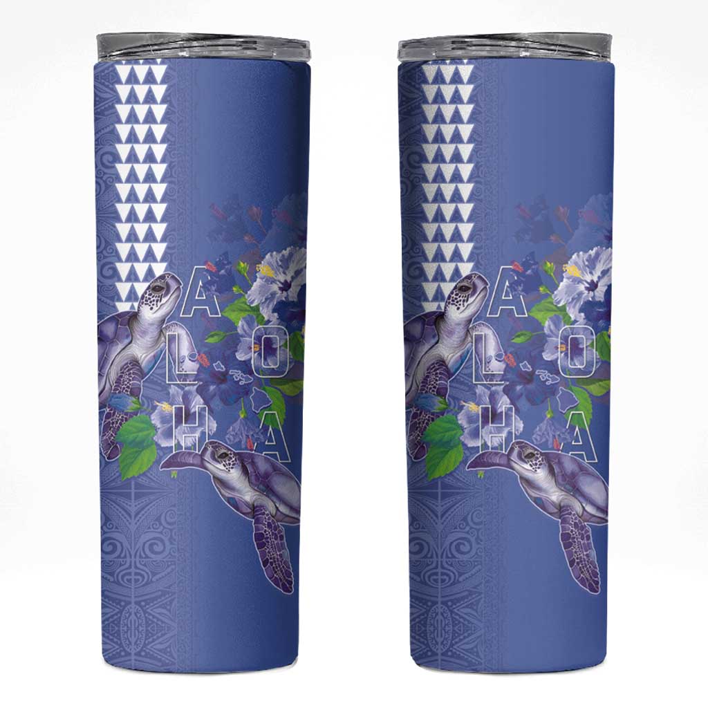 Hawaii Aloha Turtle Hibiscus and Leaves Skinny Tumbler with Polynesian and Kakau Tattoos Denim Color LT03 Blue - Polynesian Pride