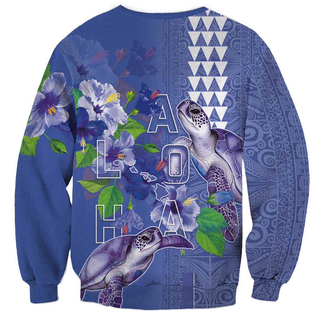 Hawaii Aloha Turtle Hibiscus and Leaves Sweatshirt with Polynesian and Kakau Tattoos Denim Color - Polynesian Pride