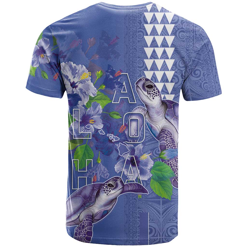 Hawaii Aloha Turtle Hibiscus and Leaves T Shirt with Polynesian and Kakau Tattoos Denim Color - Polynesian Pride
