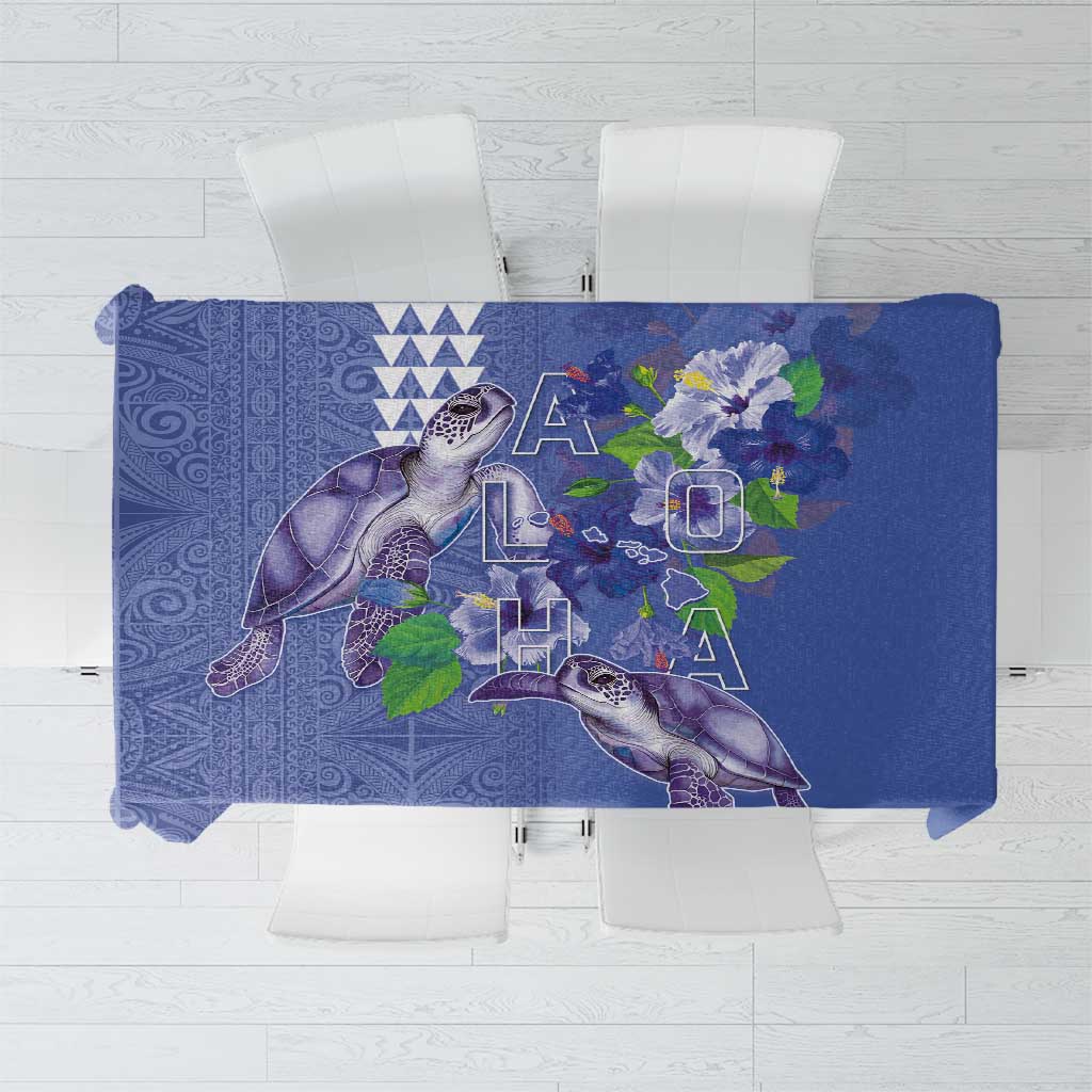 Hawaii Aloha Turtle Hibiscus and Leaves Tablecloth with Polynesian and Kakau Tattoos Denim Color - Polynesian Pride