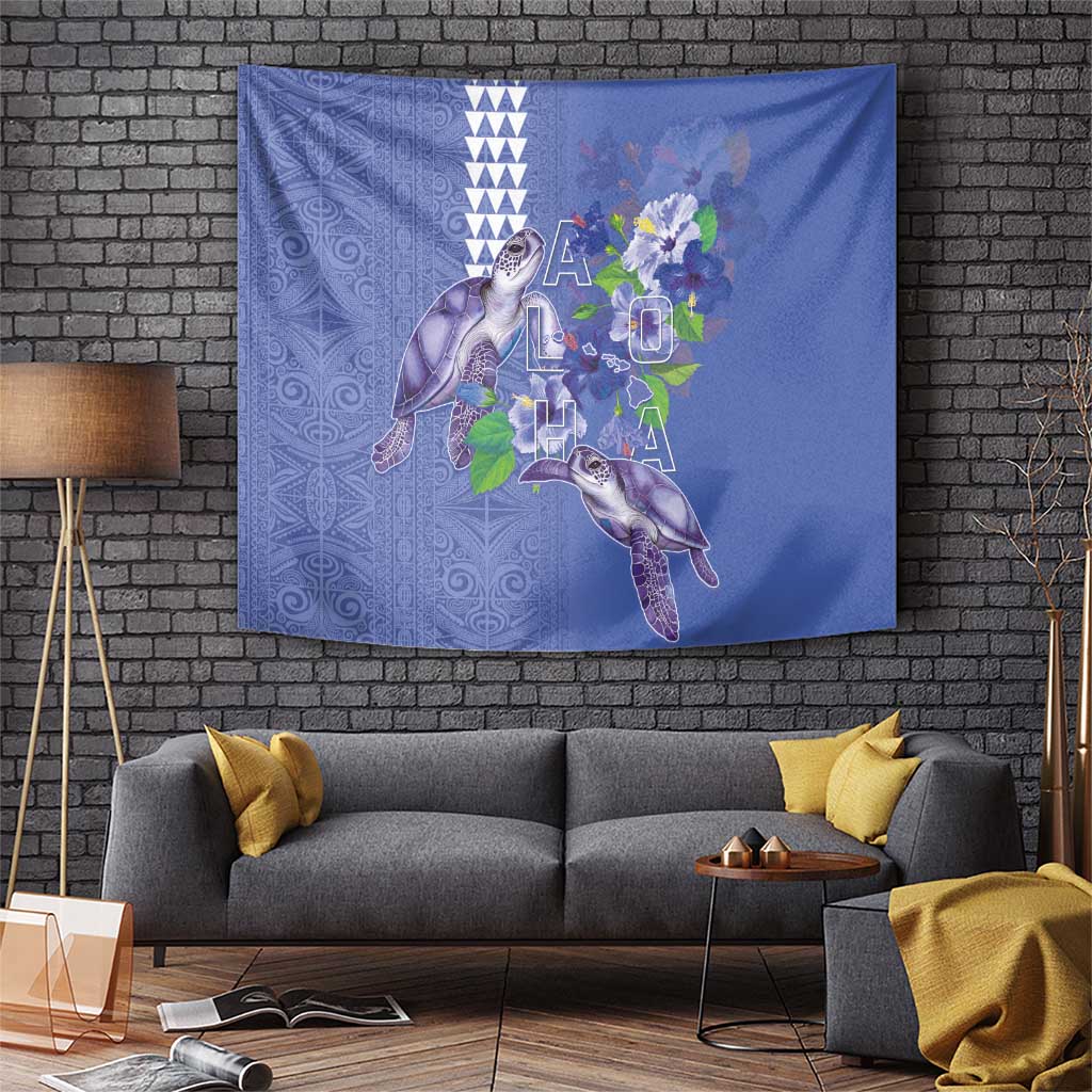 Hawaii Aloha Turtle Hibiscus and Leaves Tapestry with Polynesian and Kakau Tattoos Denim Color - Polynesian Pride