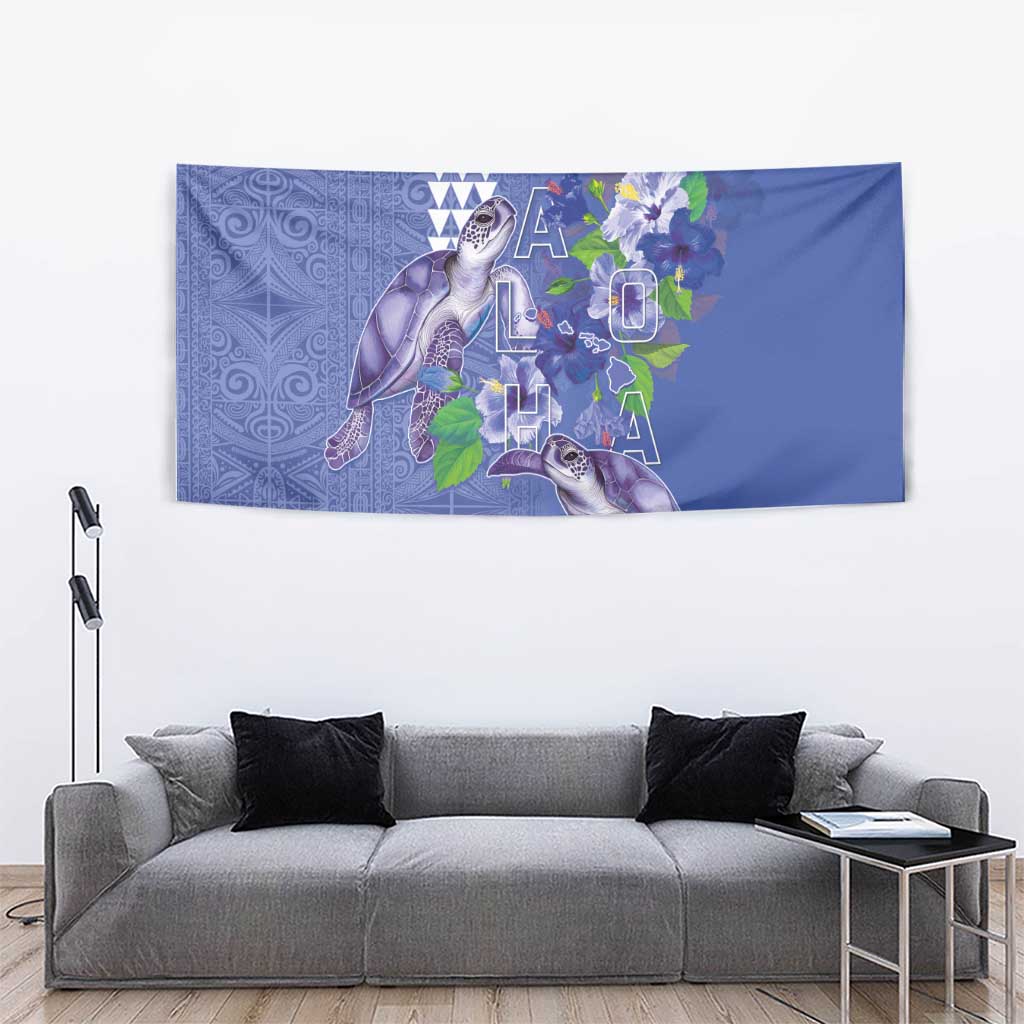 Hawaii Aloha Turtle Hibiscus and Leaves Tapestry with Polynesian and Kakau Tattoos Denim Color - Polynesian Pride