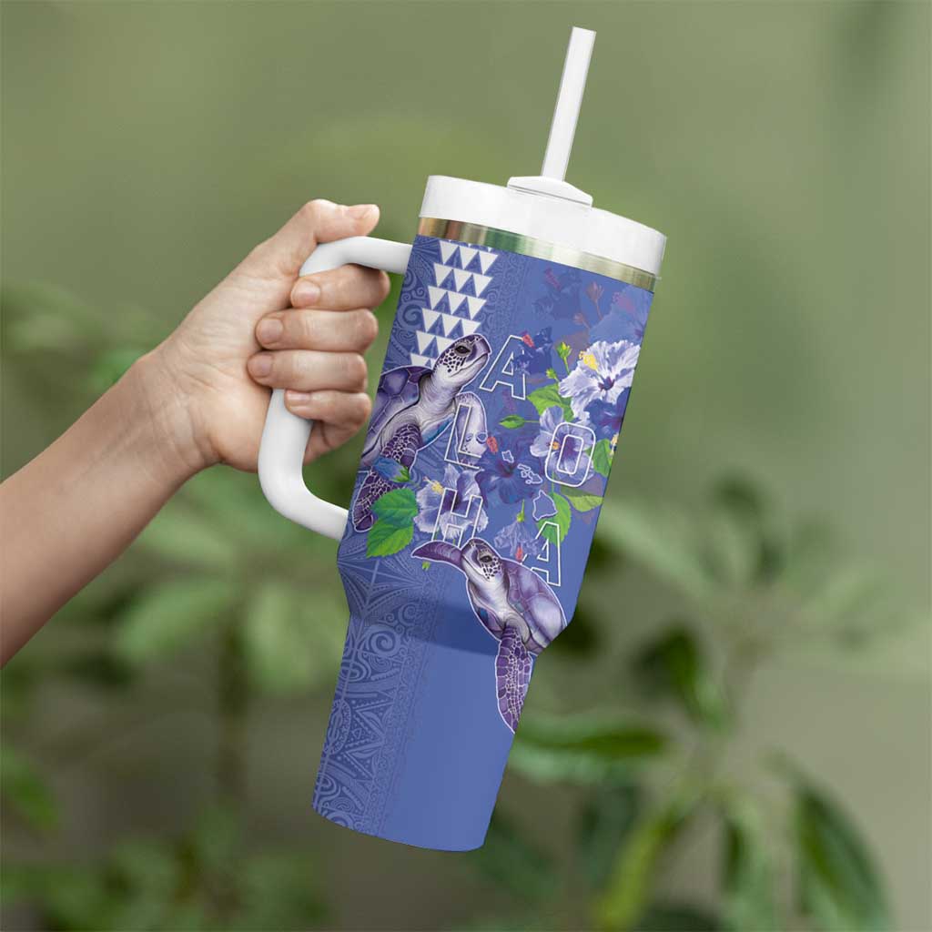 Hawaii Aloha Turtle Hibiscus and Leaves Tumbler With Handle with Polynesian and Kakau Tattoos Denim Color - Polynesian Pride