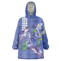 Hawaii Aloha Turtle Hibiscus and Leaves Wearable Blanket Hoodie with Polynesian and Kakau Tattoos Denim Color LT03 One Size Blue - Polynesian Pride