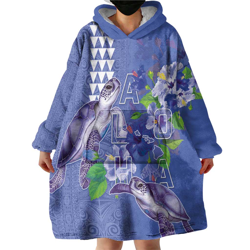 Hawaii Aloha Turtle Hibiscus and Leaves Wearable Blanket Hoodie with Polynesian and Kakau Tattoos Denim Color LT03 - Polynesian Pride